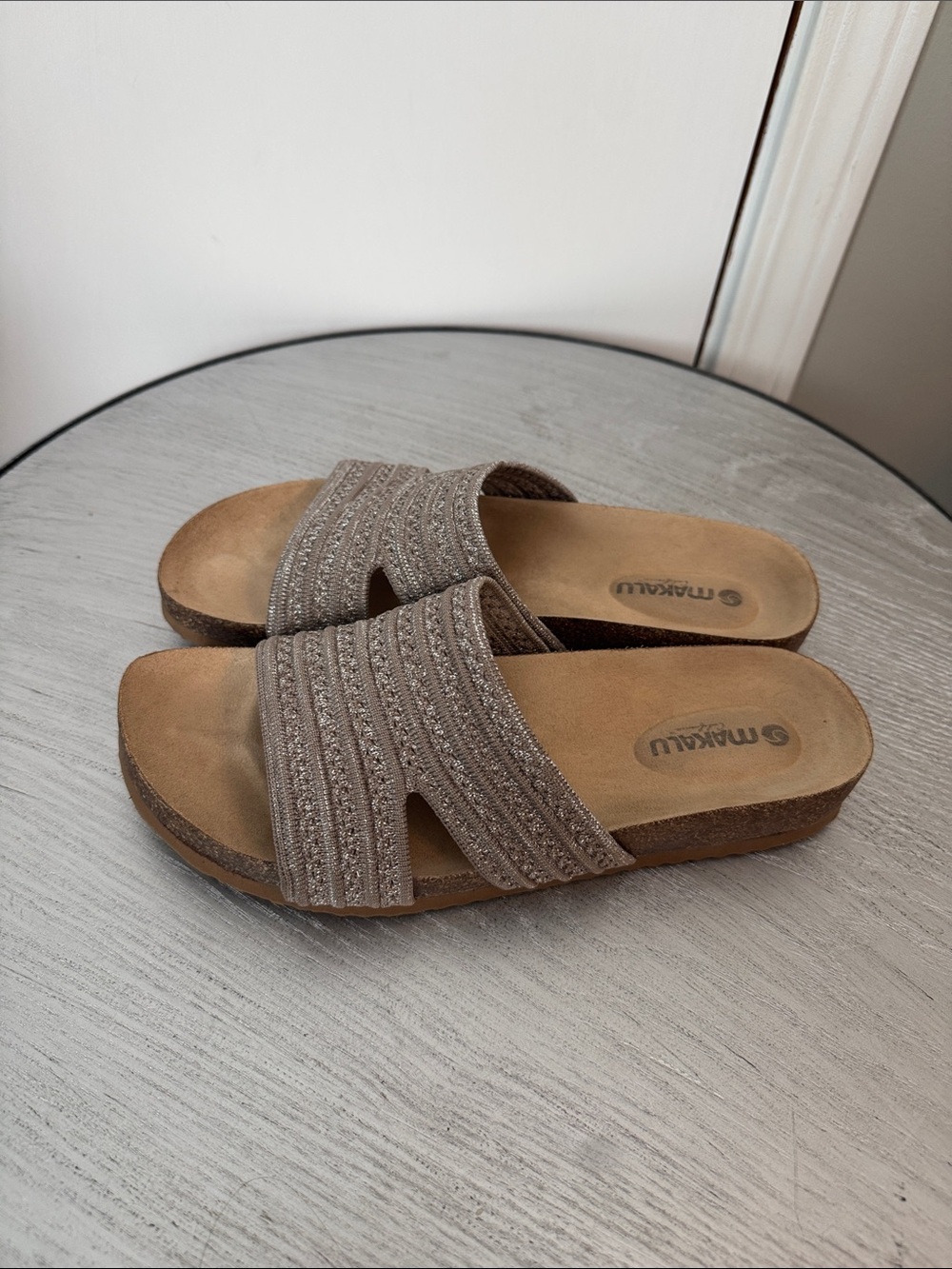 Muk Luks Taupe Textured Slide Sandals